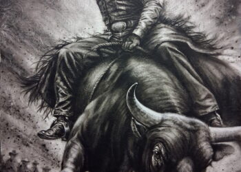 Black-and-white drawing of a cowboy on a rearing horse, swinging a lasso above his head in a dusty scene.