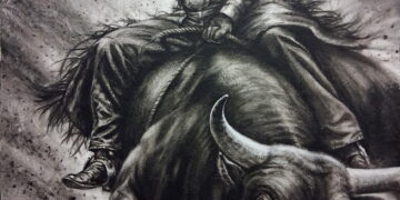 Black-and-white drawing of a cowboy on a rearing horse, swinging a lasso above his head in a dusty scene.