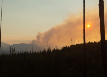 Sunset over a forest with smoke and charred trees, orange sun low on the horizon behind distant mountains.
