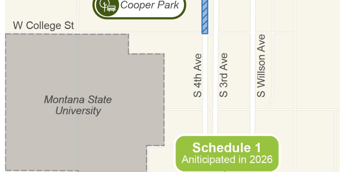 Map showing West Kagy to Babcock sewer improvements, with Schedule 2 anticipated in 2026/2027 near Cooper Park and MSU.