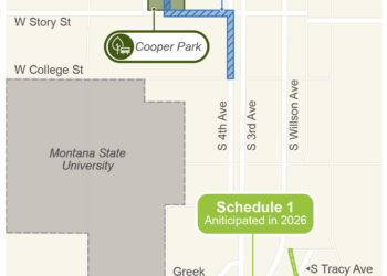 Map showing West Kagy to Babcock sewer improvements, with Schedule 2 anticipated in 2026/2027 near Cooper Park and MSU.