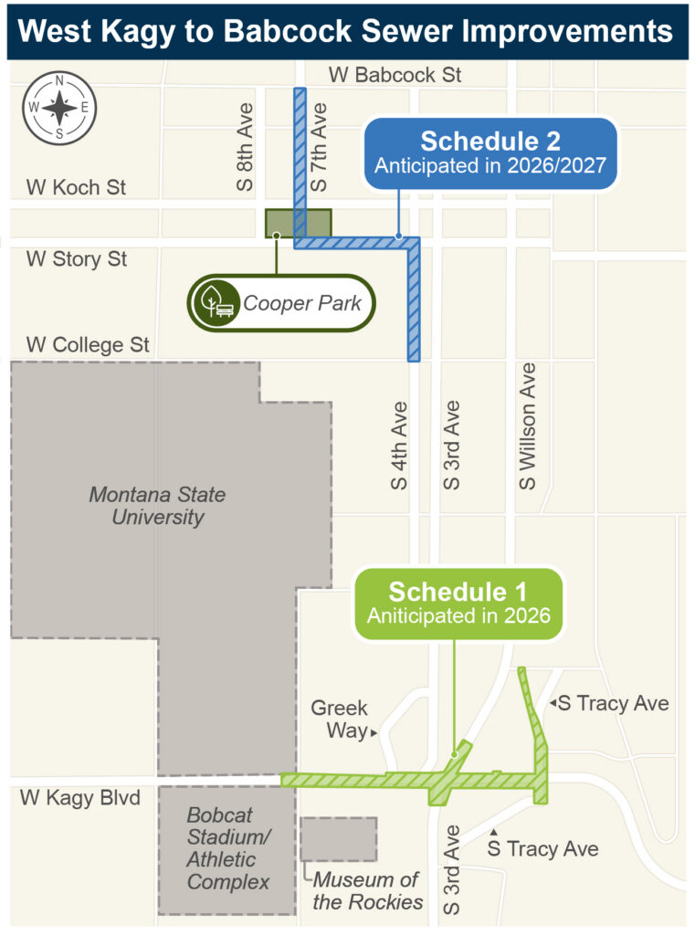 Map showing West Kagy to Babcock sewer improvements, with Schedule 2 anticipated in 2026/2027 near Cooper Park and MSU.