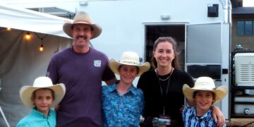 Group of five people in cowboy hats posing in front of a white trailer, with string lights visible on the left.