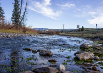 Shallow river with large rocks along the bank, bare shrubs, and distant hills under a blue sky with a few clouds.