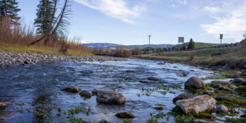 Shallow river with large rocks along the bank, bare shrubs, and distant hills under a blue sky with a few clouds.