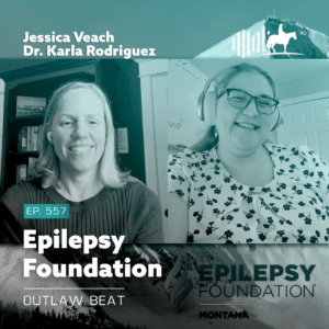 Two women smiling in a split-screen video call on a teal-toned podcast cover for the Epilepsy Foundation.