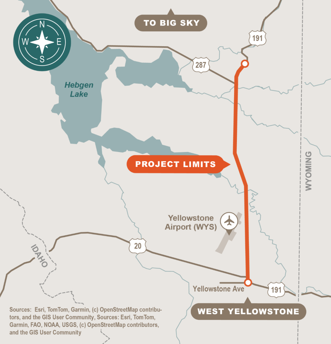 Map showing project limits along a vertical orange route near West Yellowstone, Hebgen Lake, and Yellowstone Airport with a compass rose in the corner.