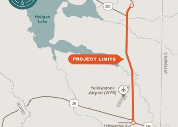 Map showing project limits along a vertical orange route near West Yellowstone, Hebgen Lake, and Yellowstone Airport with a compass rose in the corner.