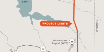 Map showing project limits along a vertical orange route near West Yellowstone, Hebgen Lake, and Yellowstone Airport with a compass rose in the corner.