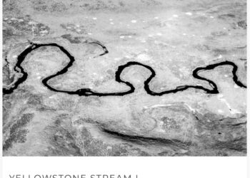 Black-and-white photo of a winding river cutting through rocky terrain; captioned Yellowstone Stream I
