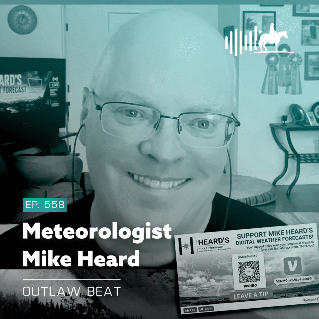 Portrait of meteorologist Mike Heard smiling in a teal-toned podcast cover with episode label EP.558 and bold 'Meteorologist Mike Heard' text.