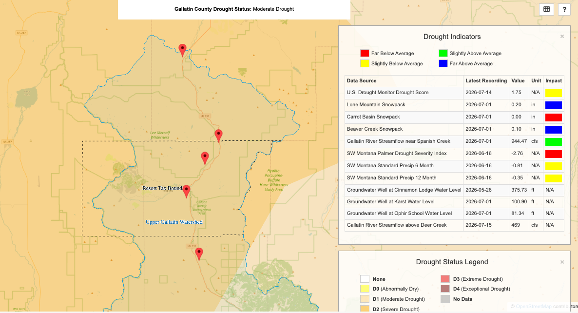 Map view of a county with a yellow drought overlay and red pins marking key locations, plus right-side panels labeled Drought Indicators and Drought Status Legend.
