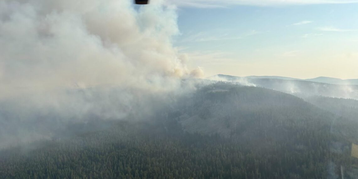 Aerial view of a smoke-filled forest below, with a portion of an airplane wing visible at the top left and blue sky above.