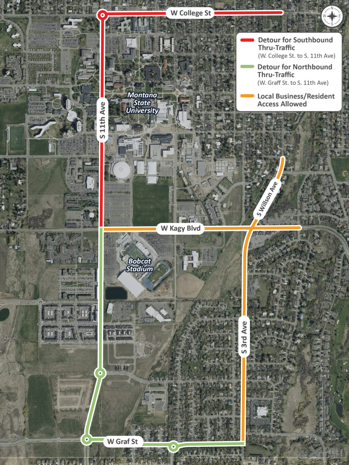 Aerial map showing detour routes around Montana State University area with color‑coded lines: red for southbound, green for northbound, orange for local access; streets labeled W College St, S 11th Ave, W Kagy Blvd, W Graf St, S 3rd Ave.