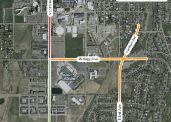 Aerial map showing detour routes around Montana State University area with color‑coded lines: red for southbound, green for northbound, orange for local access; streets labeled W College St, S 11th Ave, W Kagy Blvd, W Graf St, S 3rd Ave.