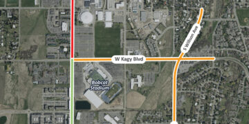 Aerial map showing detour routes around Montana State University area with color‑coded lines: red for southbound, green for northbound, orange for local access; streets labeled W College St, S 11th Ave, W Kagy Blvd, W Graf St, S 3rd Ave.