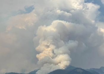 Massive plume of smoke rising from a wildfire over a mountain range, with a forested foreground and open plains.