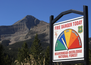 Sign reads 'FIRE DANGER TODAY' for Beaverhead-Deerlodge National Forest with a multi-color danger gauge and mountains in the background, under a blue sky.