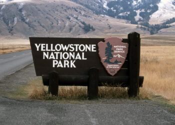 Yellowstone National Park sign with National Park Service emblem beside a rural road and mountainous backdrop.